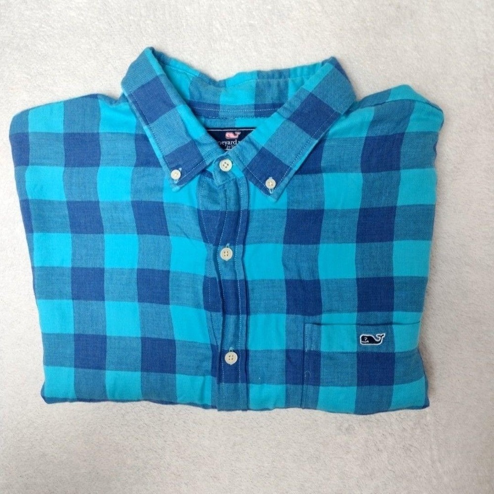 Vineyard Vines Shirt Mens 2XL Blue Plaid Slim Tucker Flannel Button-Up Cotton
